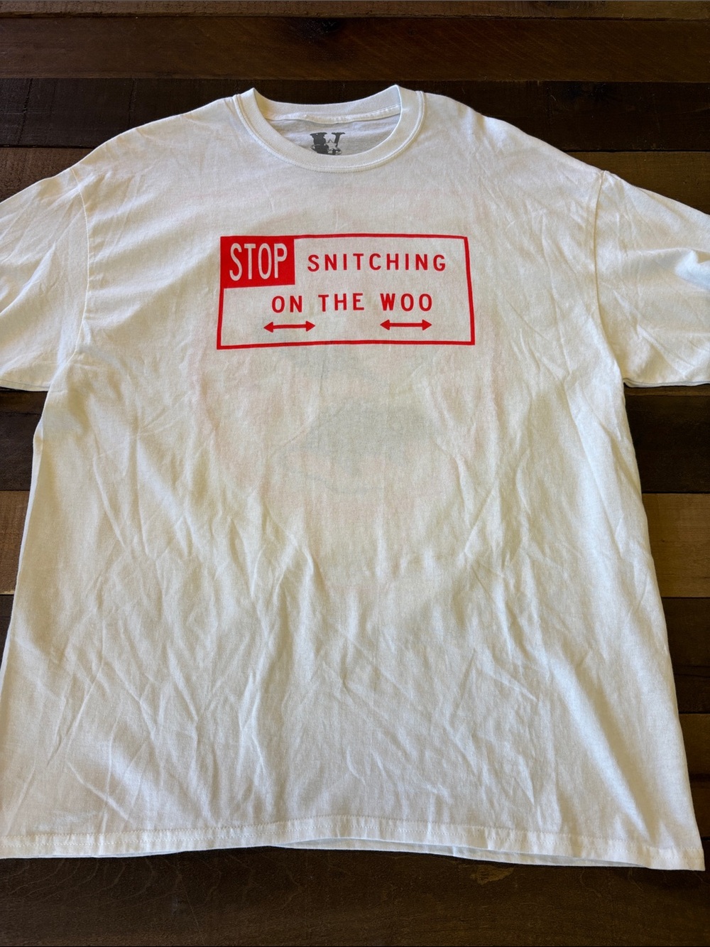 Vlone x pop smoke t shirt stop snitching on the woo white mens XL